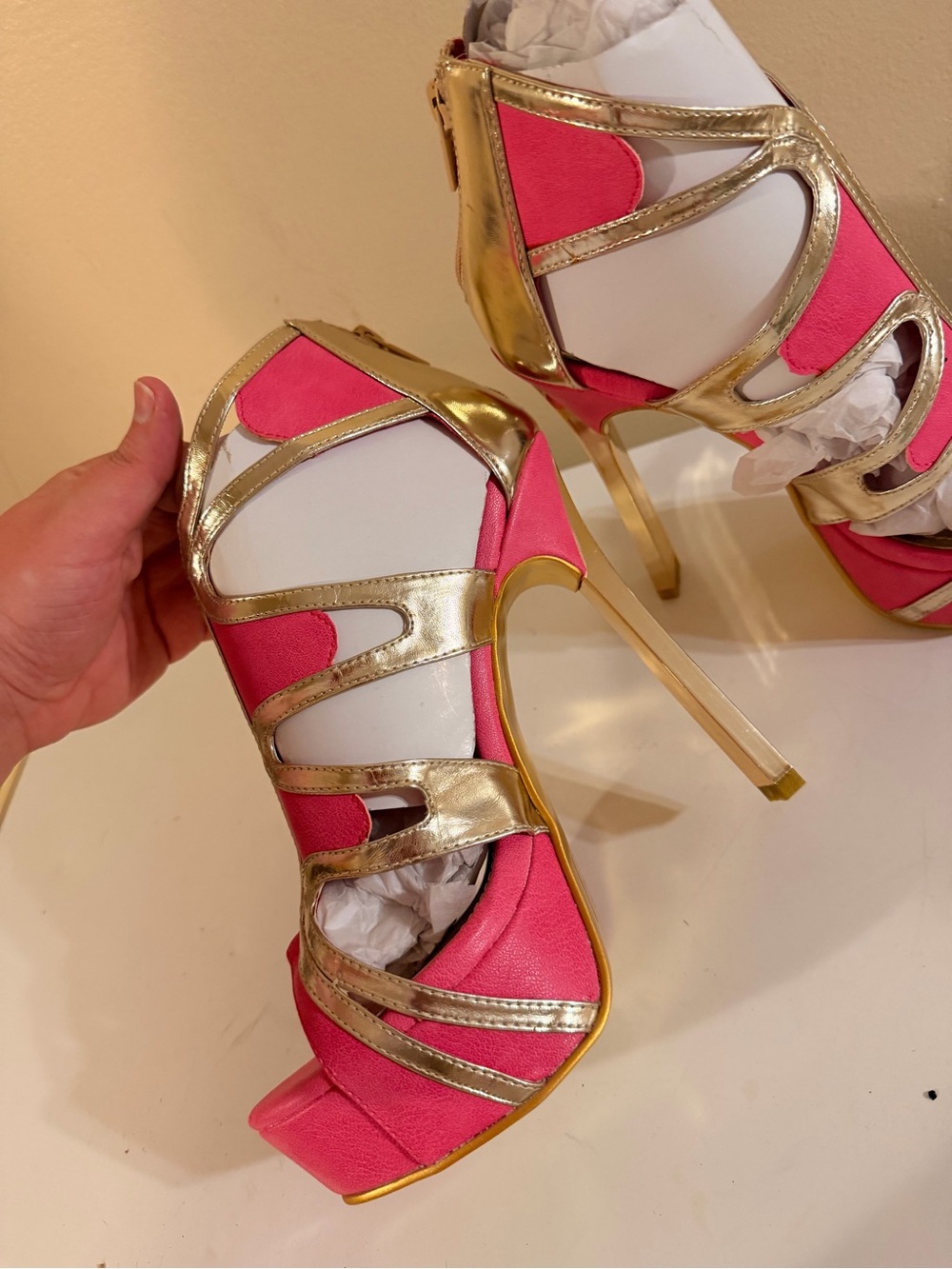 Gold Trim Pink High Heel Bridal Sandals